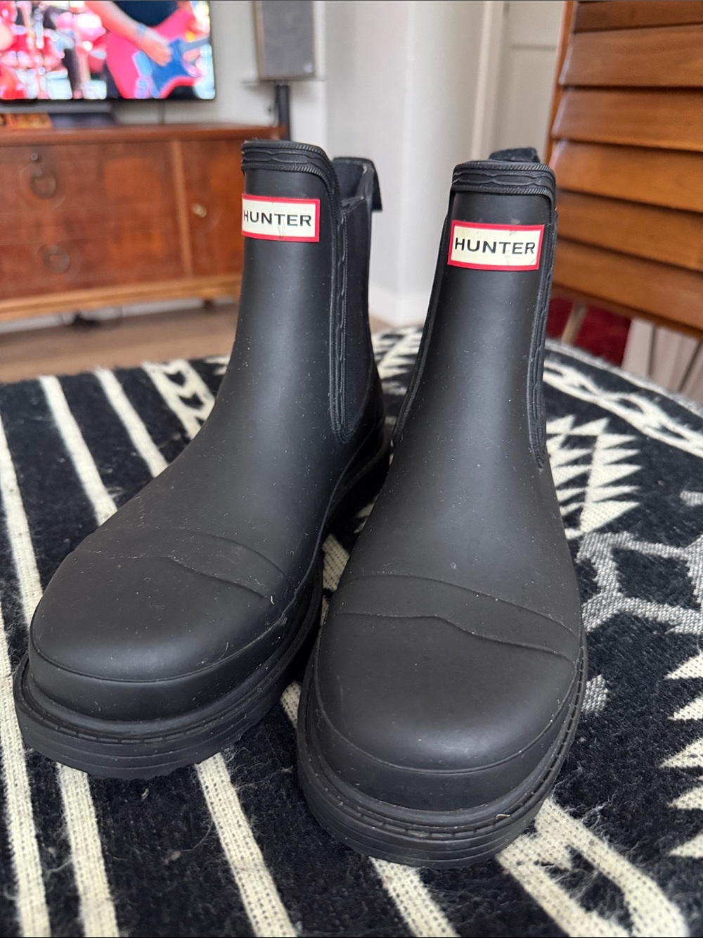 Hunter Kids Black Chelsea Rain Boots with Red Logo Accent
